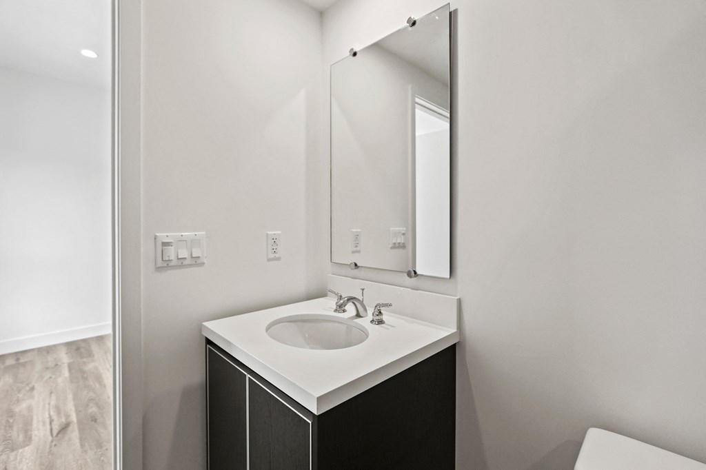 a bathroom with a sink and a mirror