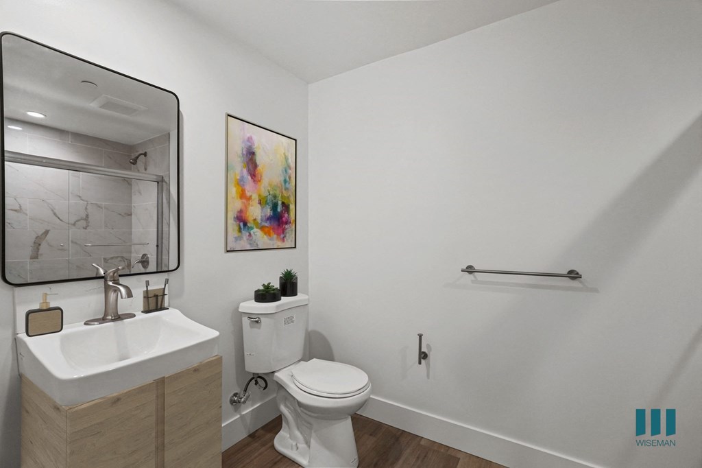 Bathroom with Shower Bath and Vanity Cabinet Storage