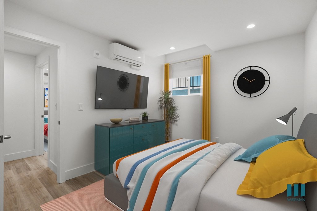 Bedroom with Vinyl Flooring and Recessed Lighting