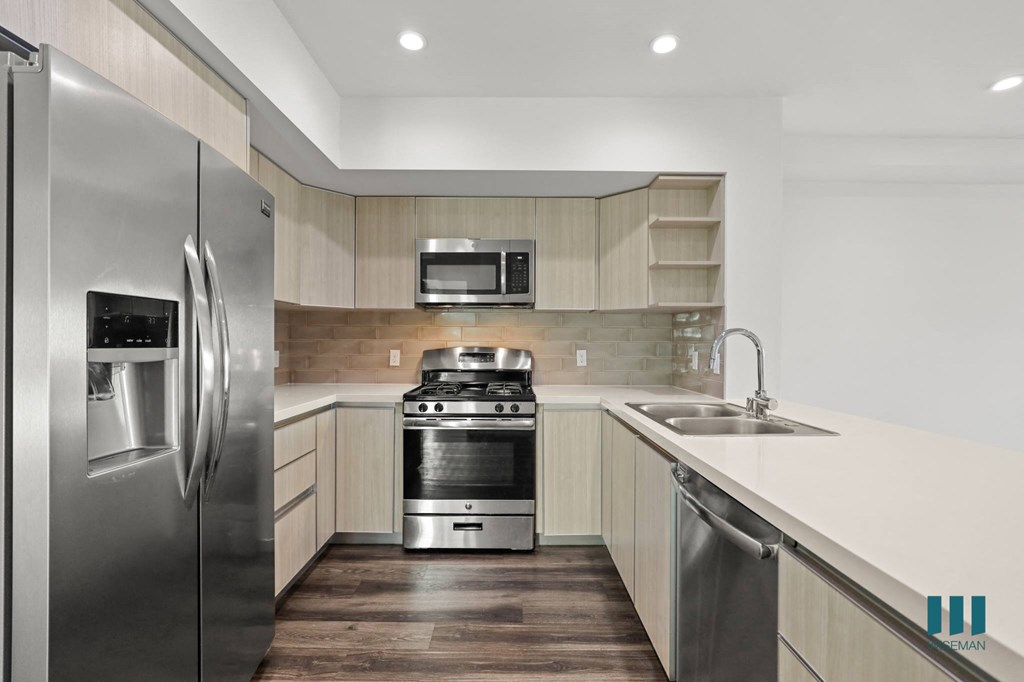 Large-Size Kitchen with Stainless-Steel Refrigerator, Stove, Microwave Oven, and Dishwasher