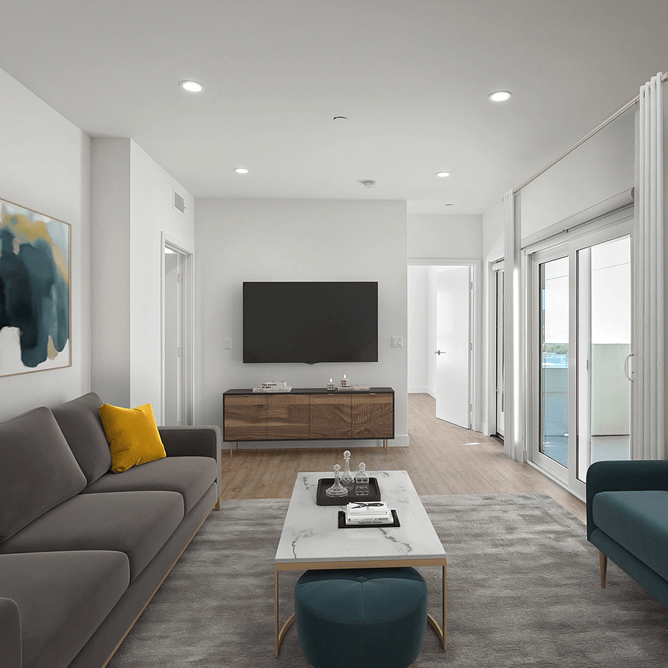 Living Room with Recessed Lighting, Vinyl Flooring, and Patio