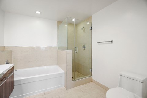 Bathroom with Bathtub and Walk-In Shower with Glass Door