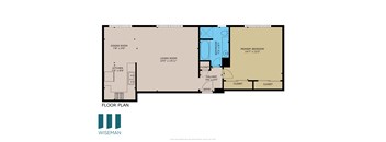 A floor plan of an apartment with a living room, dining room, kitchen, and two bedrooms.