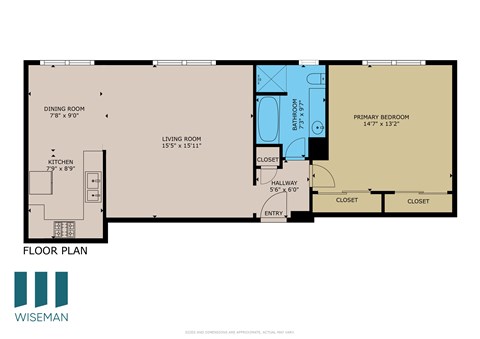 A floor plan of an apartment with a living room, dining room, kitchen, and two bedrooms.