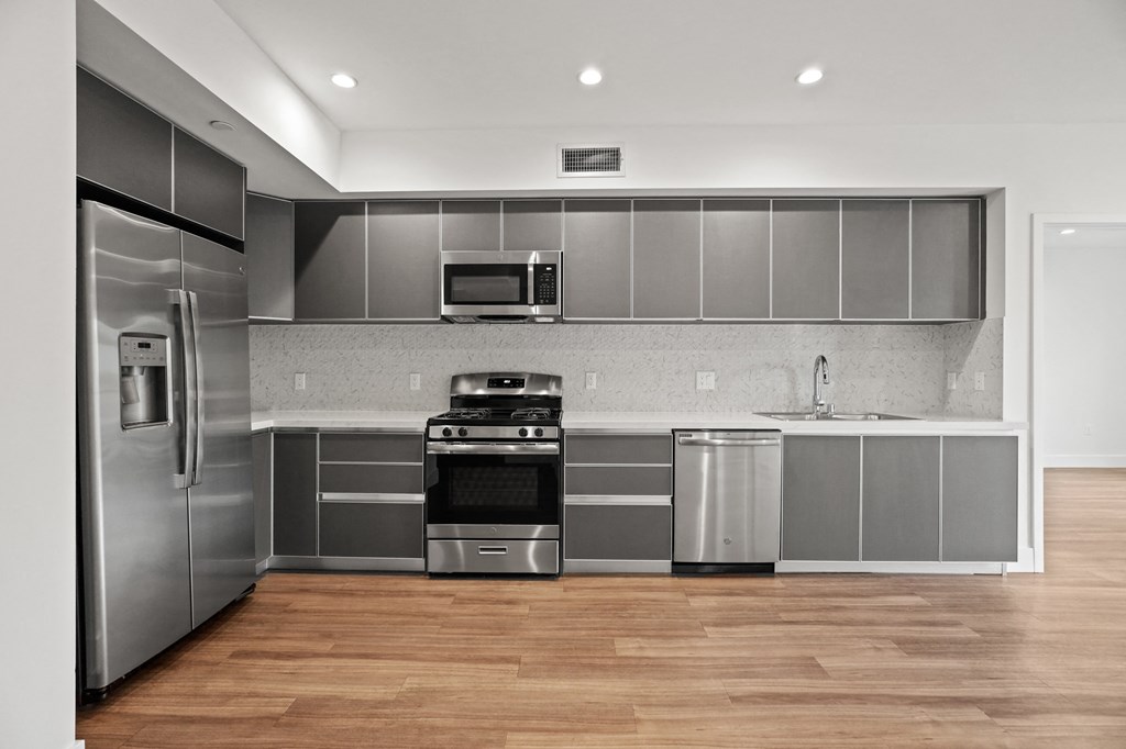 Kitchen with Stainless Refrigerator, Stove, Microwave Oven, and Dishwasher