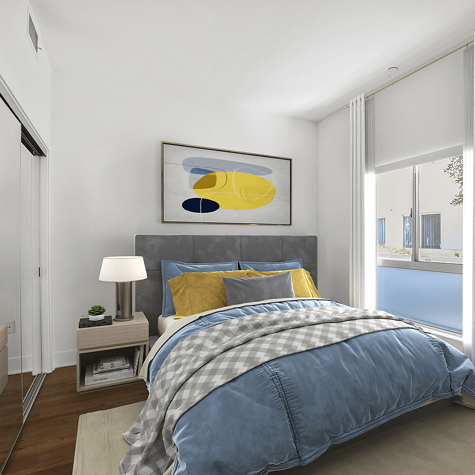 Bedroom with Large-Size Windows, Mirrored Closet, and Vinyl Flooring