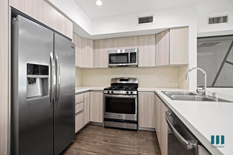 Kitchen with Stainless Refrigerator, Stove, Microwave Oven, and Dishwasher