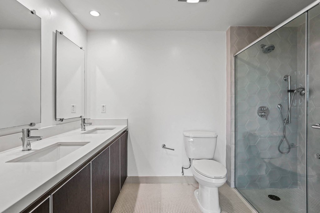 Large-Size Bathroom with Walk-In Shower, Double-Sink Vanity, and Cabinet Storage