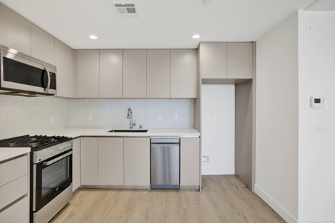 A modern kitchen with a stainless steel dishwasher and wooden flooring.