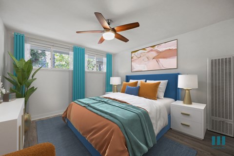 A bedroom with a bed, a ceiling fan, and a painting on the wall.