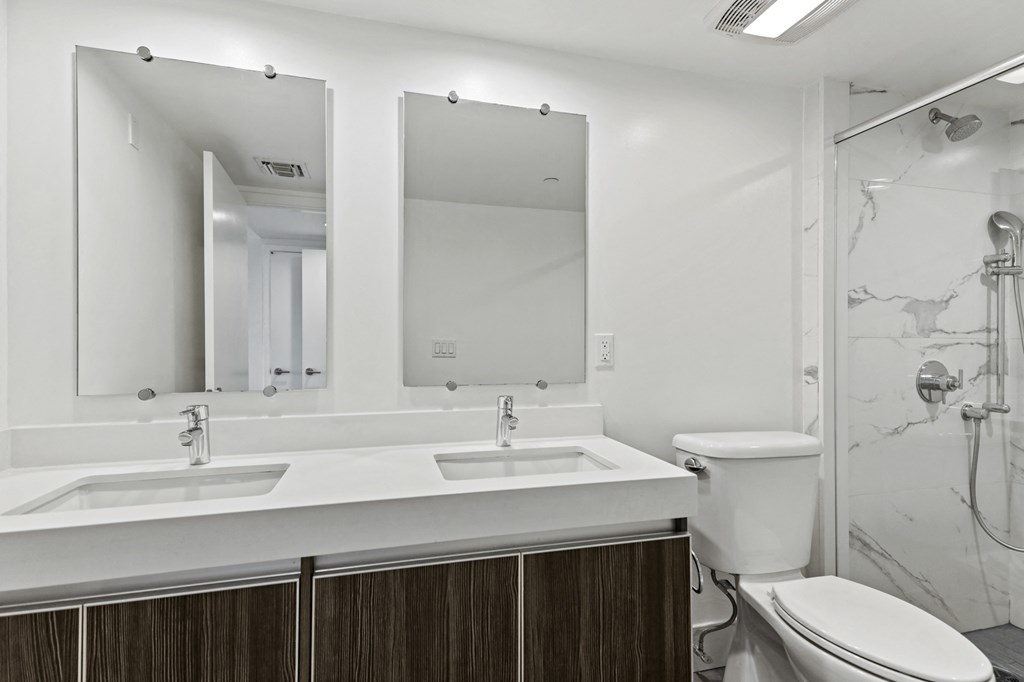 Bathroom with Double-Sink Vanity and Walk-In Shower