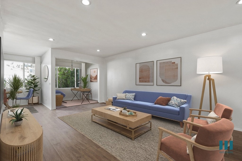 Open-Concept Living Room, Office Nook, and Dining Room with Large-Size Windows