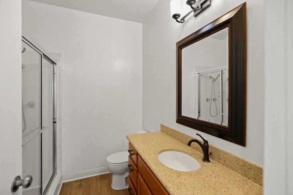 Bathroom with Walk-In Shower & Glass Door, and Vanity Cabinet Storage