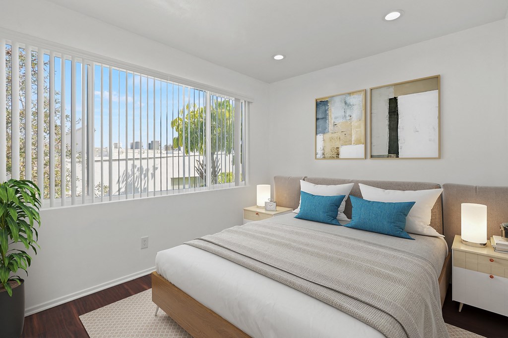 Bedroom with Vinyl Flooring, Recessed Lighting, and Large Window