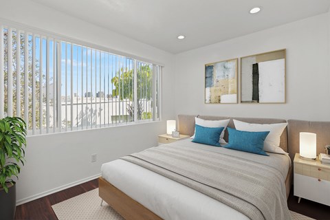 Bedroom with Vinyl Flooring, Recessed Lighting, and Large Window