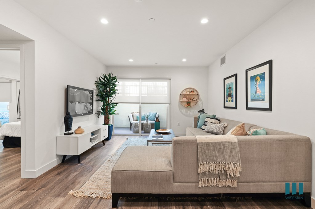 Living Room with Recessed Lighting, Vinyl Flooring, and Patio