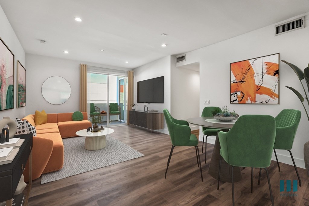 Open-Concept Dining and Living Room with Patio, Vinly Flooring, and Recessed Lighting