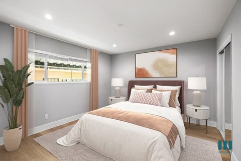 Bedroom with Mirrored Closet, Vinyl Flooring, and Recessed Lighting