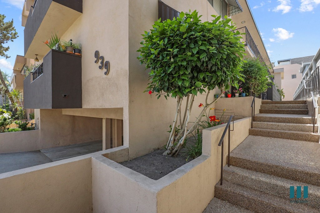 a view of a building with stairs and a tree