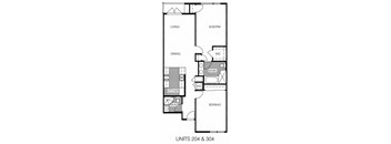 A floor plan for units 204 and 304 shows the layout of living, dining, and kitchen areas.