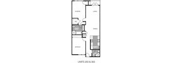 A floor plan of a building with labeled rooms such as "M-BDRM", "WIC", "DINING", and "LIVING".