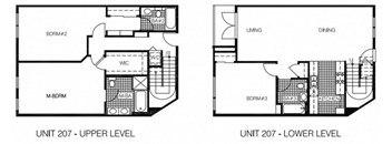 A diagram shows the layout of a unit with a living area, dining area, and kitchen on the upper level and a bathroom on the lower level.