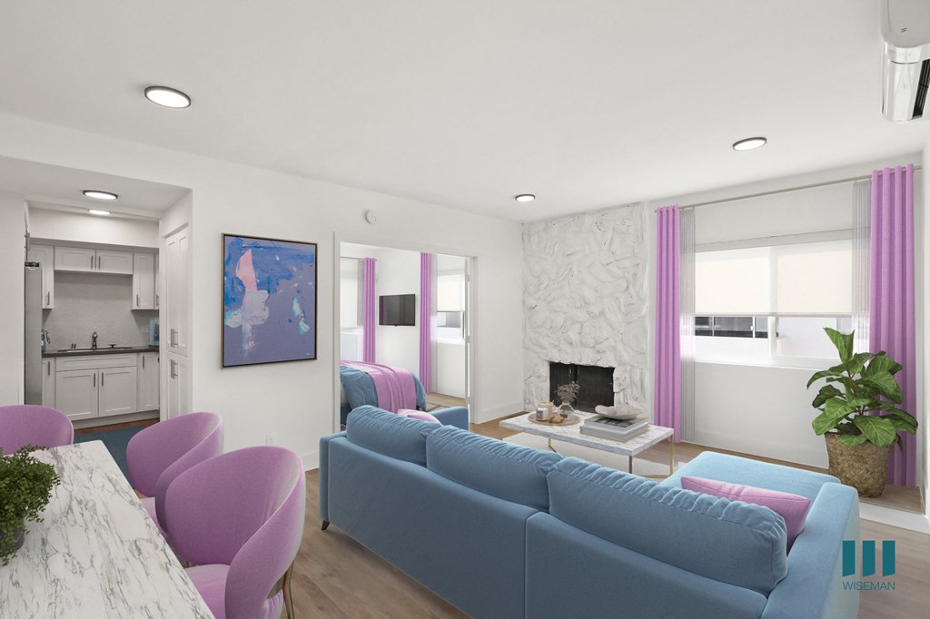 Open-Concept Living and Dining Room with Fireplace, Recessed Lighting, and Vinyl Flooring