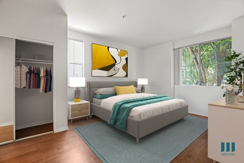 Bedroom with Mirrored Closet, Vinyl Flooring, and Large-Size Windows