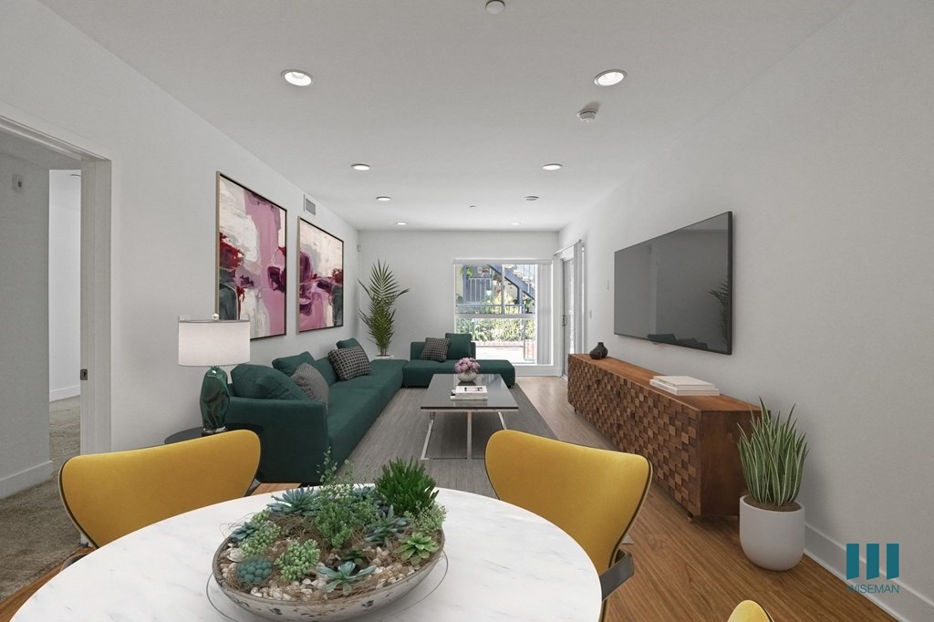 Dining And Living Room with Recessed Lighting, Vinyl Flooring, and Large-Size Windows