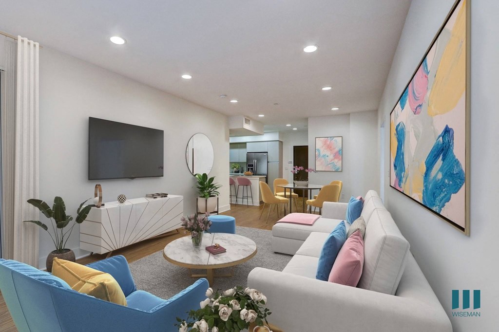 Open-Concept Kitchen, Dining, and Living Room with Vinyl Flooring and Recessed Lighting Open-Concept Kitchen, Dining, and Living Room with Vinyl Flooring and Recessed Lighting