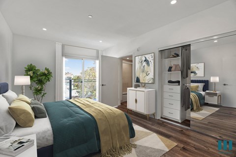 Bedroom with Mirrored Closet with Shelving, Recessed Lighting, Vinyl Flooring, and Balcony