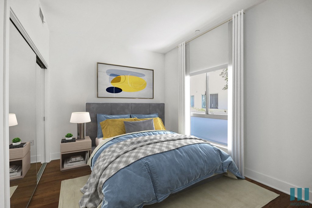 Bedroom with Mirrored Closet, Vinyl Flooring, and Large-Size Windows
