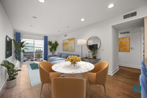 Open-Concept Dining and Living Room with Patio, Recessed Lighting, and Vinyl Flooring