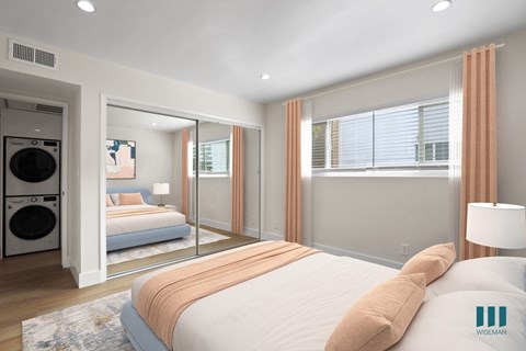 Bedroom with Large-Size Window and Hallway Closet with In-Suite Washer and Dryer