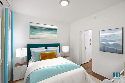 Bedroom with Hardwood Floors and Large-Size Windows