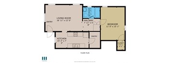 A floor plan of a house with a living room, kitchen, pantry, bathroom, bedroom and closet.