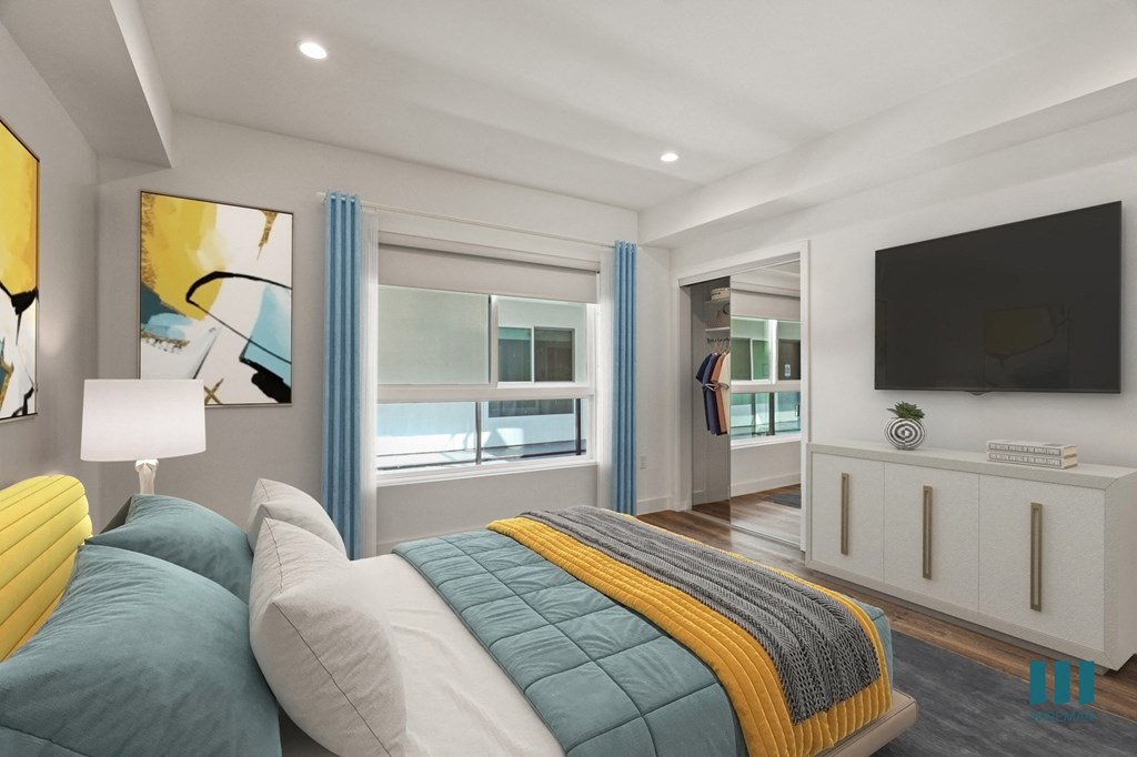 Spacious Bedroom with Mirrored Closet and Vinyl Flooring