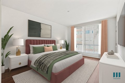 Bedroom with Large-Size Windows, Vinyl Flooring, and Recessed Lighting