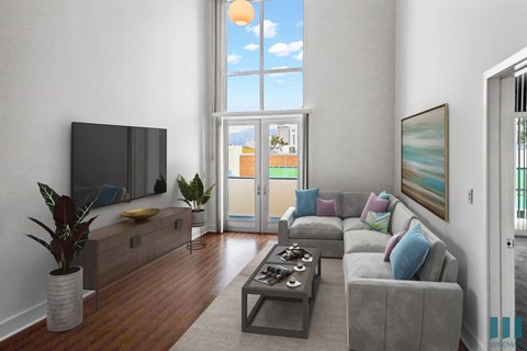 Living Room with Floor-to-Ceiling Windows, Vinyl Flooring, and Balcony