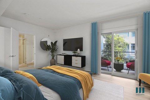 Bedroom with Vinyl Flooring, Recessed Lighting, Bathroom, and Patio