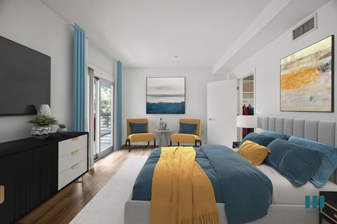 Bedroom with Walk-In Closet, Vinyl Flooring, and Patio