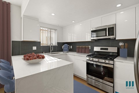 a kitchen with white cabinets and stainless steel appliances and a marble counter top