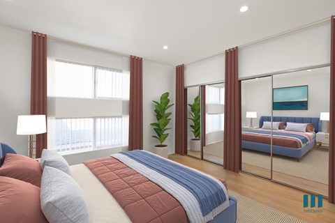 Bedroom with Double Mirrored Closet, Vinyl Flooring, and Large-Size Windows