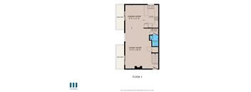 A floor plan of a one bedroom apartment with a living room and a dining room.