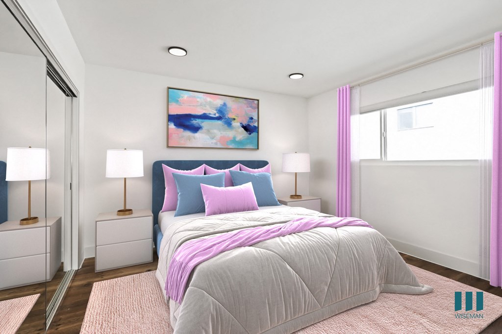 Bedroom with Large-Window, Mirrored Closets, and Vinyl Flooring