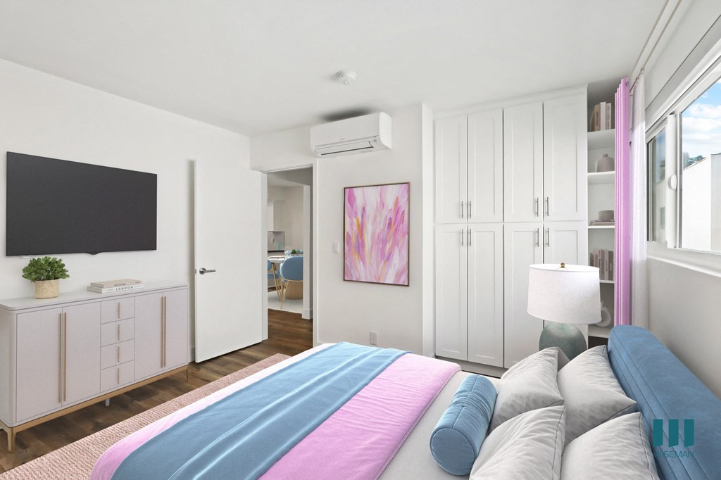 Bedroom with Built-In Cabinets with Shelving and Vinyl Flooring