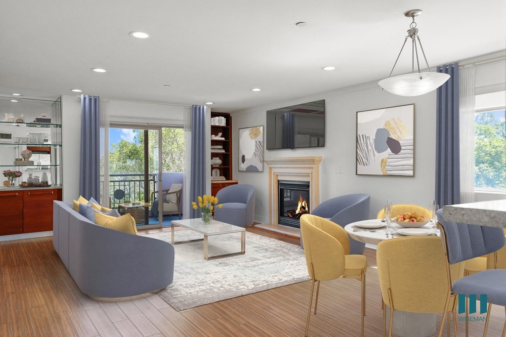 Open-Concept Kitchen, Dining, and Living Room Space with Patio and Built-In Shelving