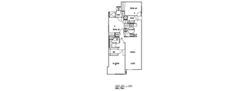 A floor plan of a unit with a kitchen, dining area, and living room.