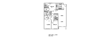 A floor plan of a living area with a kitchen and dining area.