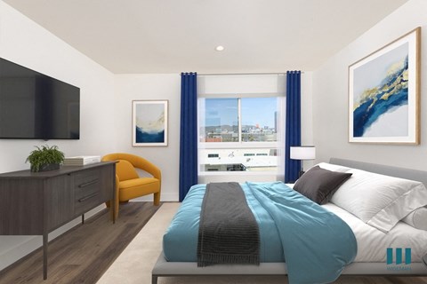 A modern bedroom with a large bed and a flat screen TV.